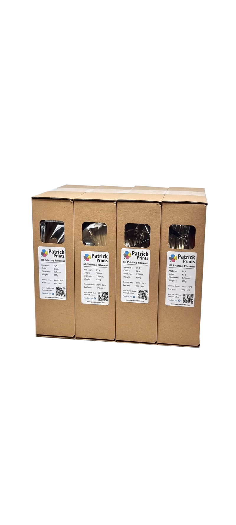 Patrick Prints Starter Pack - 1.75MM - 4x 450g (TOTAL 1.8 Kg) - WHITE, BLACK, RED, BLUE